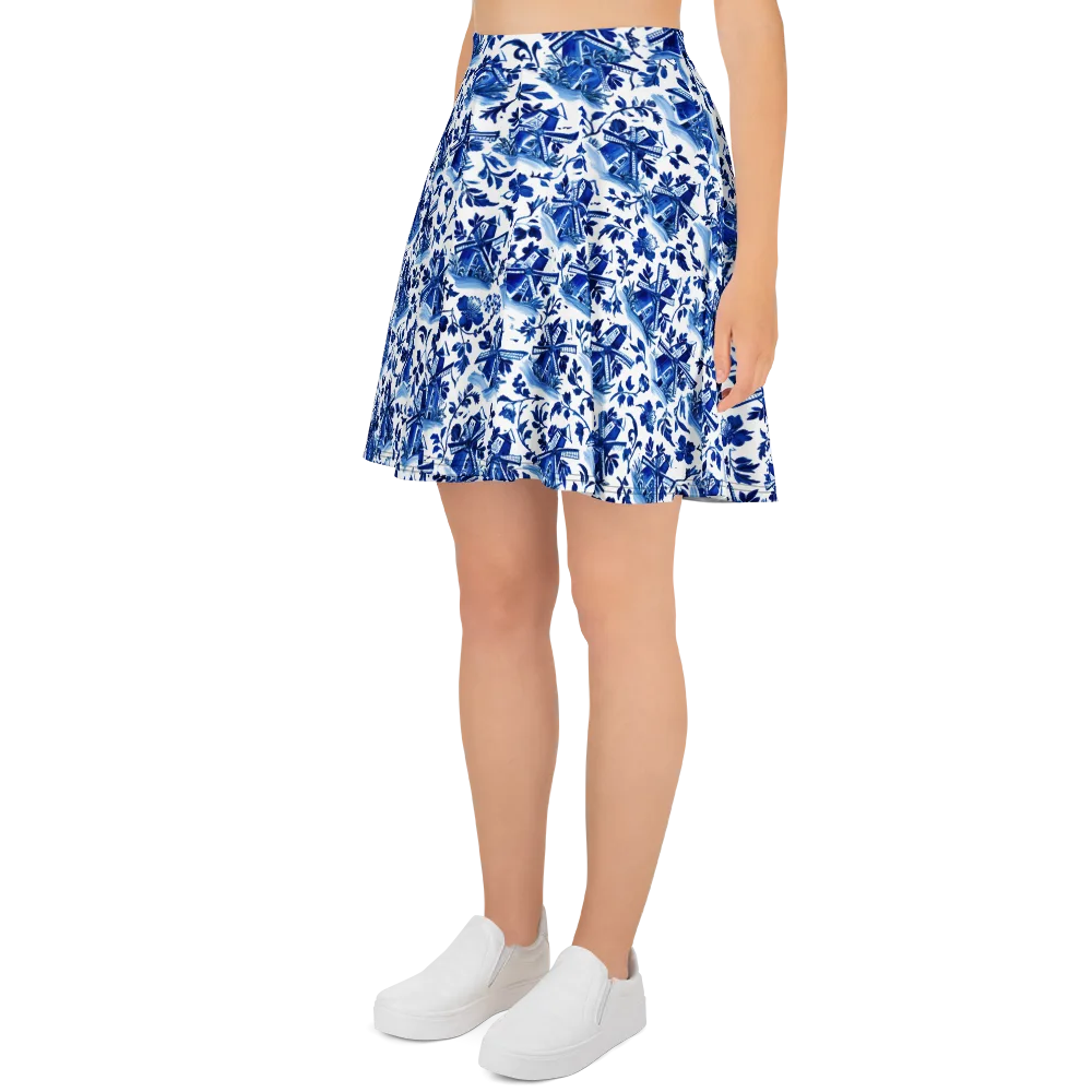 Blue Delft Garden on Skater Skirt — Left