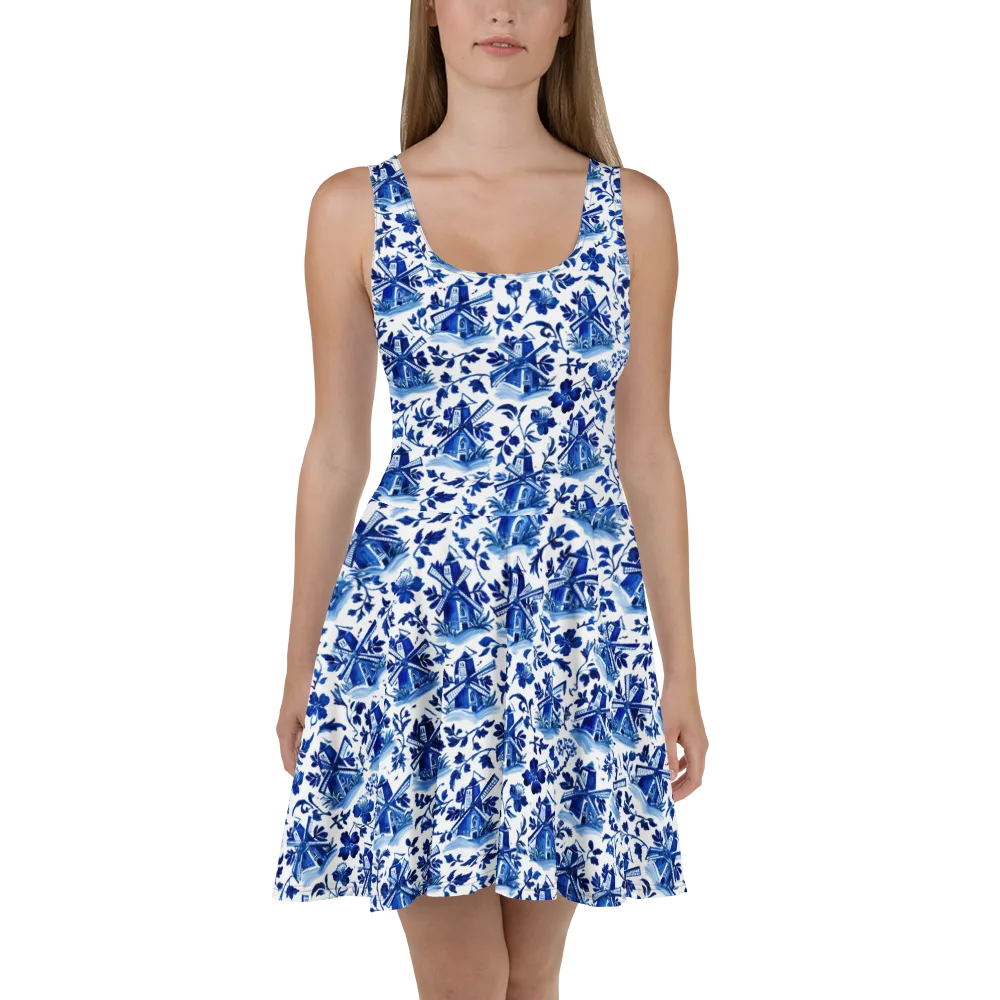Blue Delft Garden on Skater Dress — Front