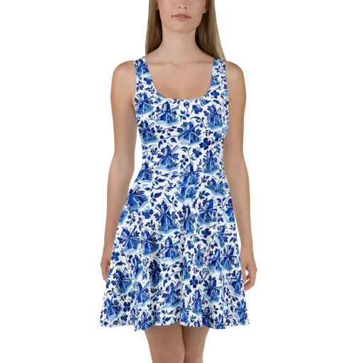 Blue Delft Garden on a Skater Dress
