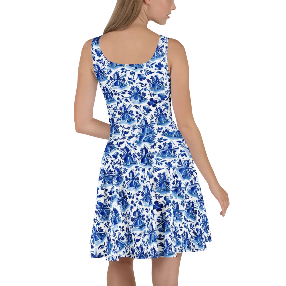 Blue Delft Garden on Skater Dress — Back