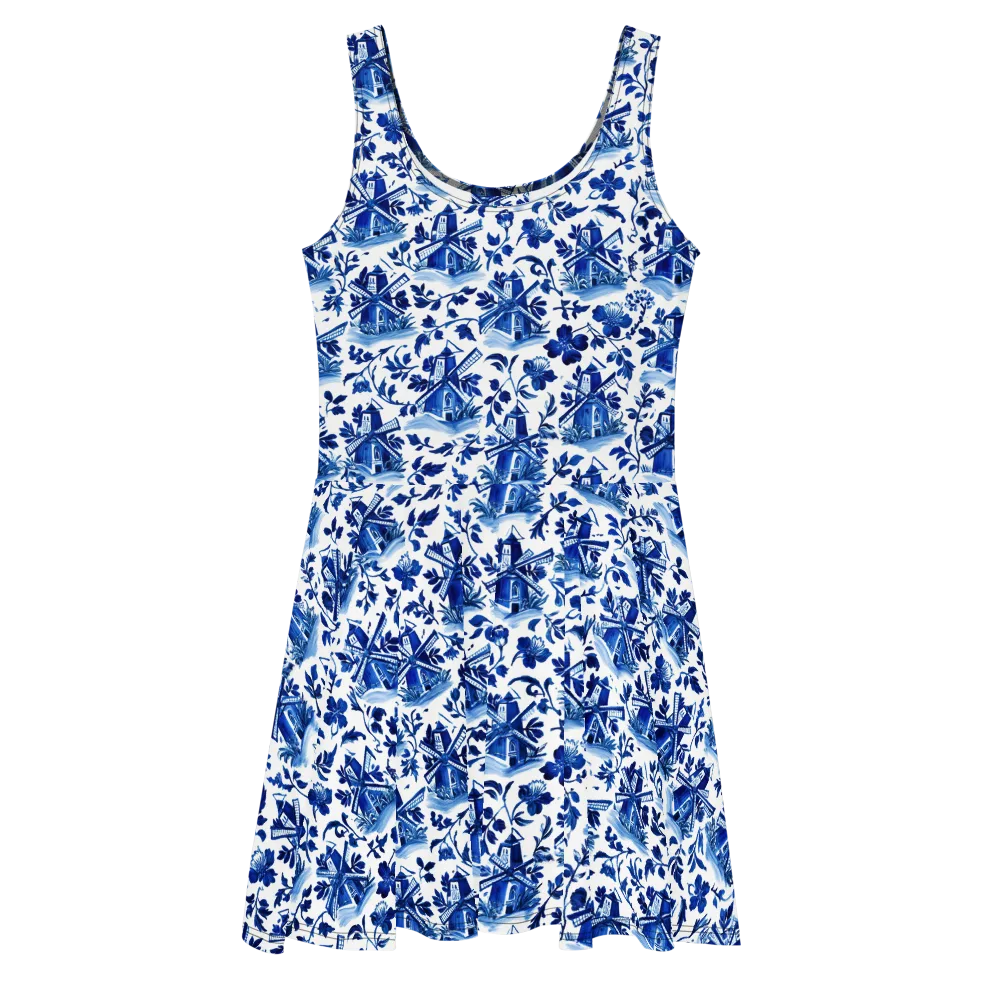 Blue Delft Garden on Skater Dress — Front