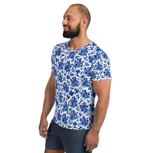 Blue Delft Garden on a Men's Athletic T-Shirt