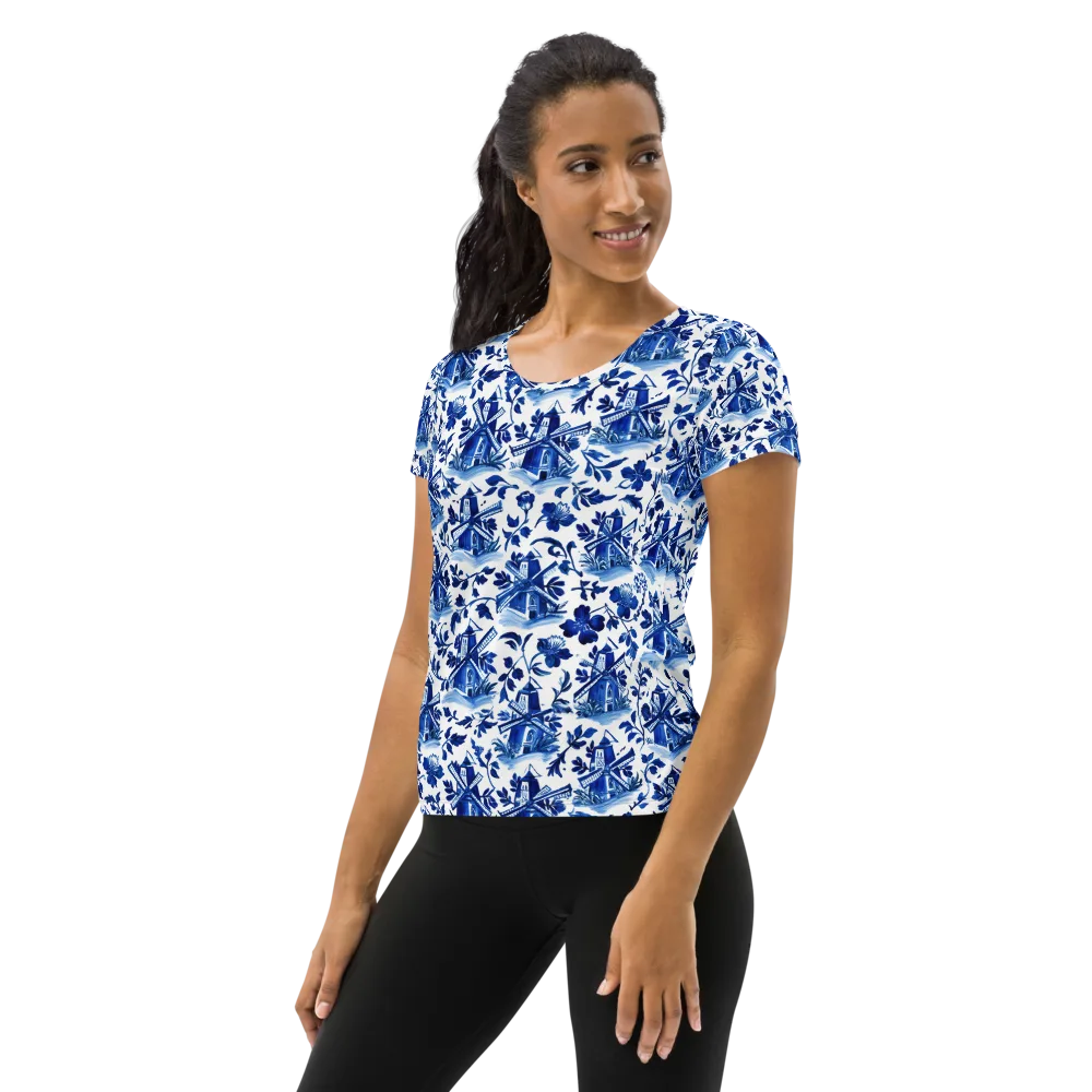 Blue Delft Garden on Women's Athletic T-Shirt — Left