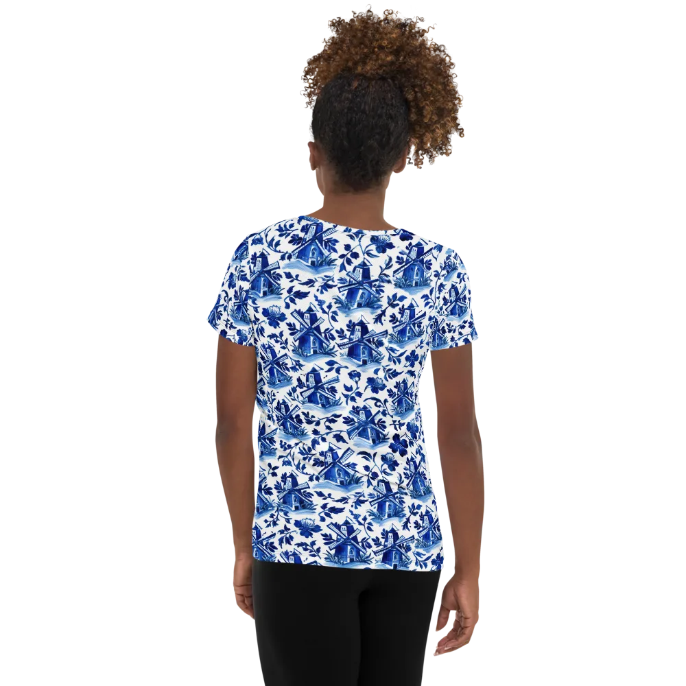 Blue Delft Garden on Women's Athletic T-Shirt — Back
