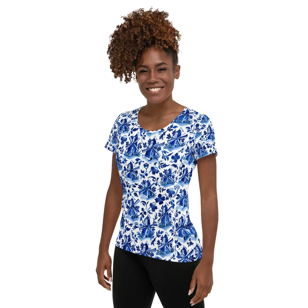 Blue Delft Garden on Women's Athletic T-Shirt — Left
