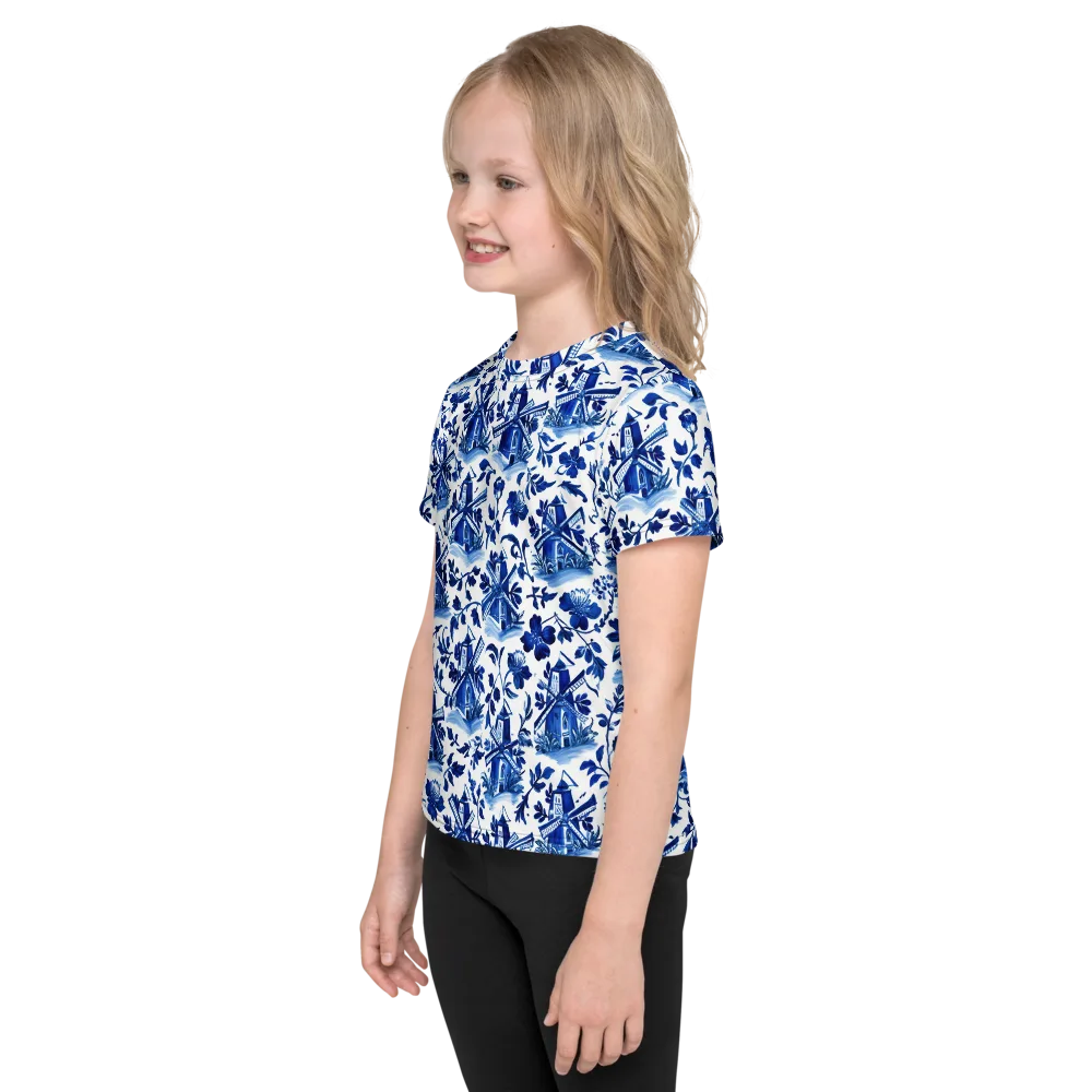 Blue Delft Garden on Kids Crew Neck T-Shirt — Left