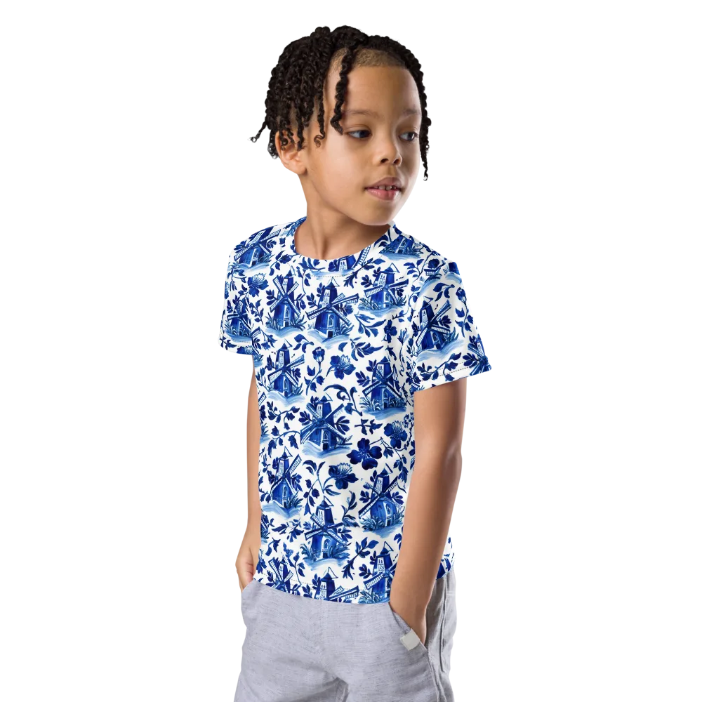 Blue Delft Garden on Kids Crew Neck T-Shirt — Left Front