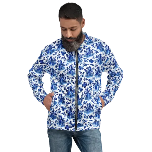 Blue Delft Garden on a Bomber Jacket