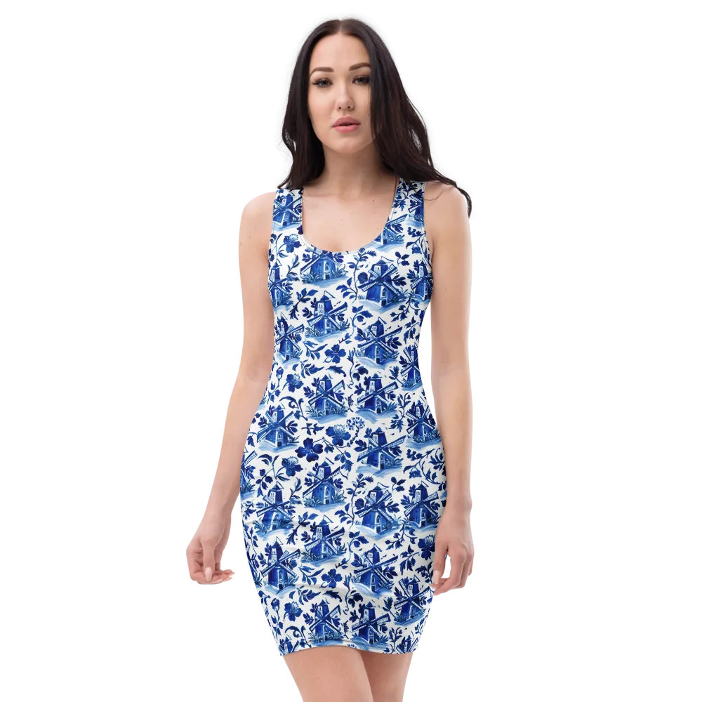 Blue Delft Garden on Bodycon Dress — Front