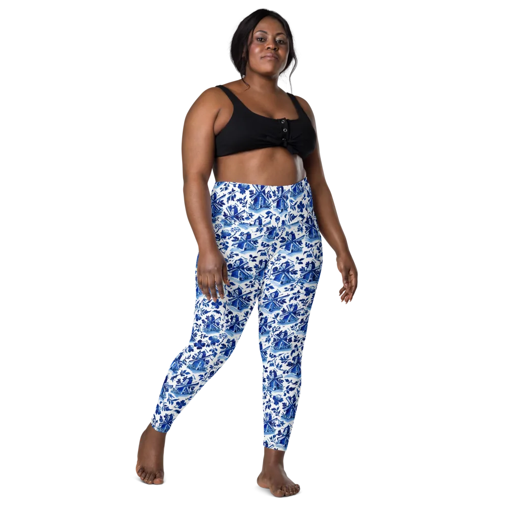 Blue Delft Garden on Leggings with Pockets — Front