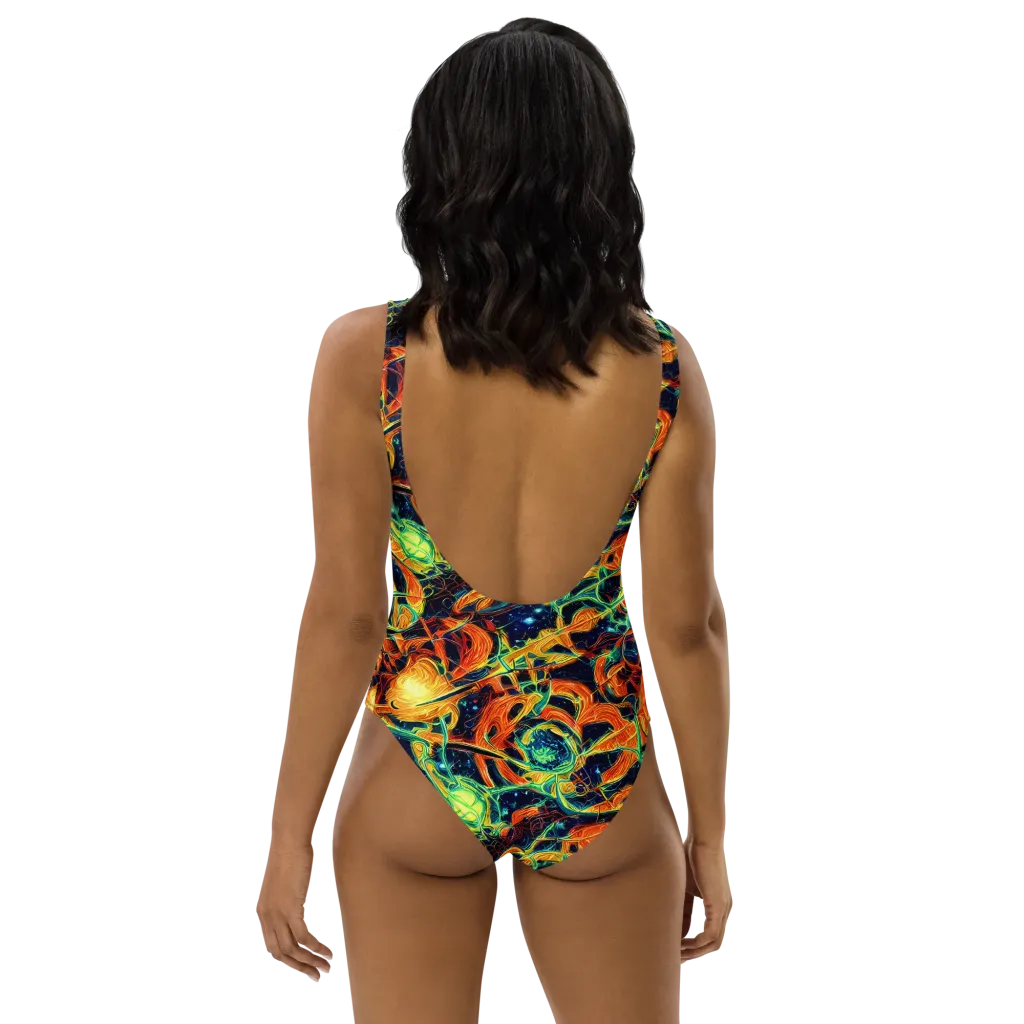 Neon Ember Garden on One-Piece Swimsuit — Back