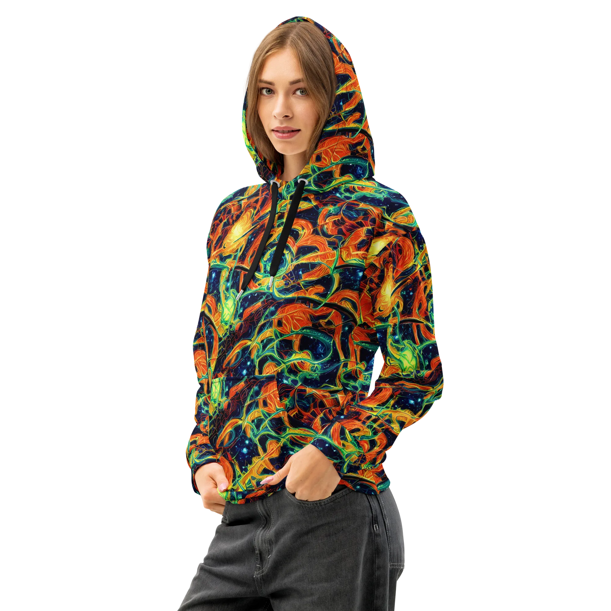 Neon Ember Garden on Cotton Hoodie — Left Front