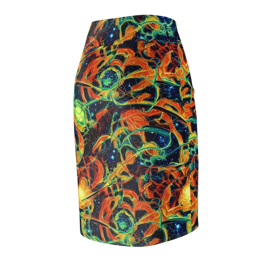 Neon Ember Garden on Pencil Skirt — Back Side