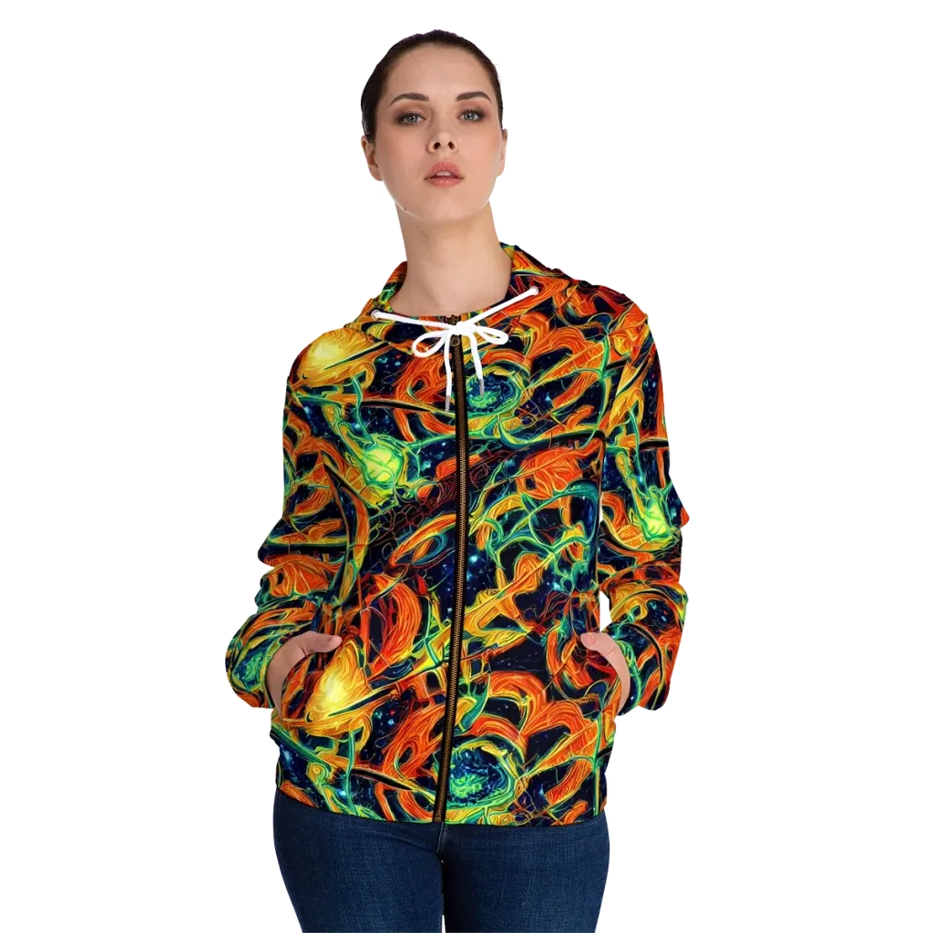 Neon Ember Garden on Women's Full-Zip Hoodie — Front On Person