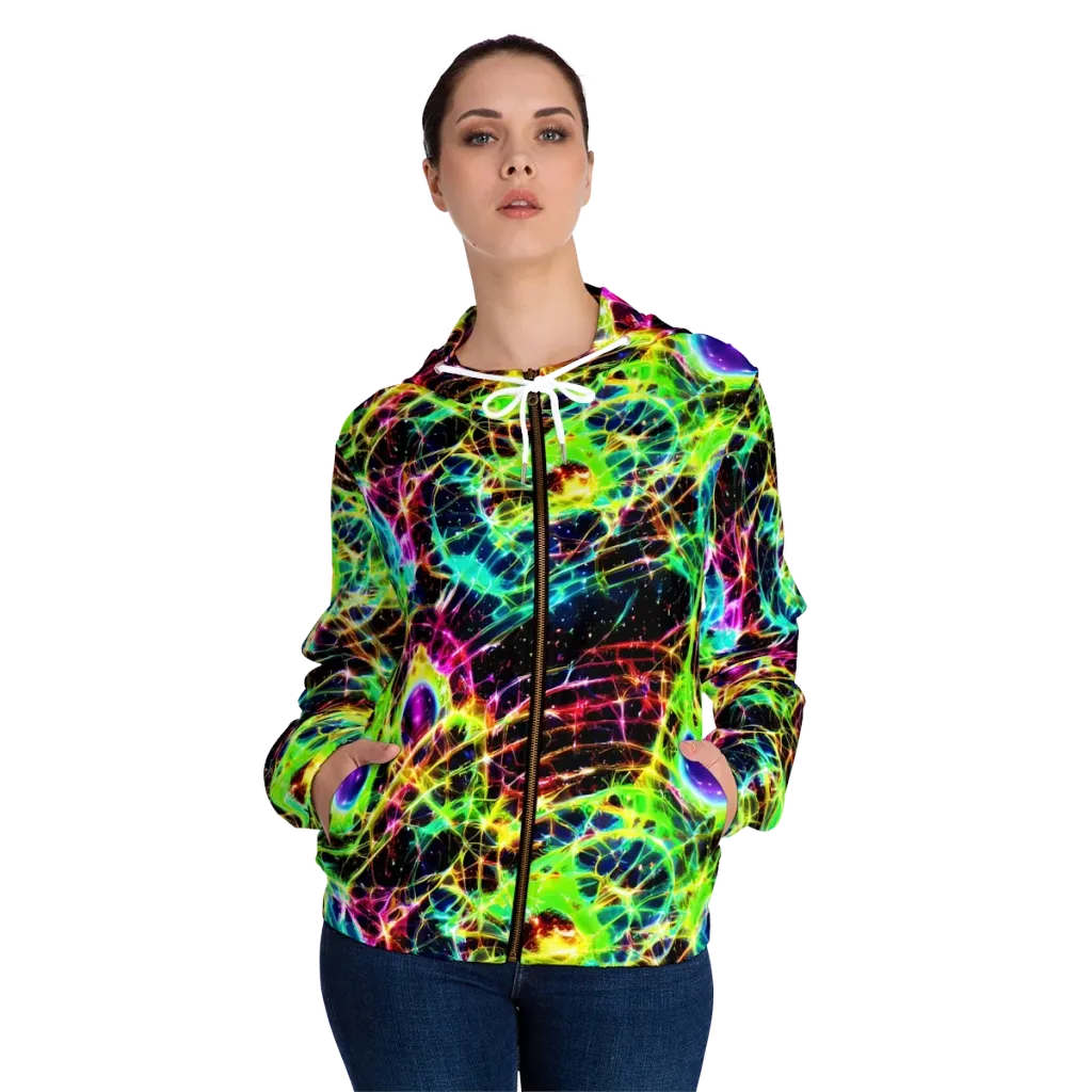 Galactic Tangled Light on Women's Full-Zip Hoodie — Front On Person