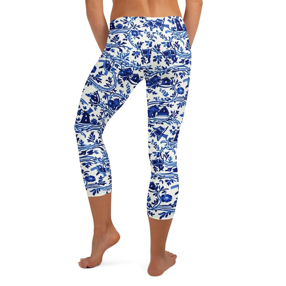 Blue Delft Meadow on Capri Leggings — Back
