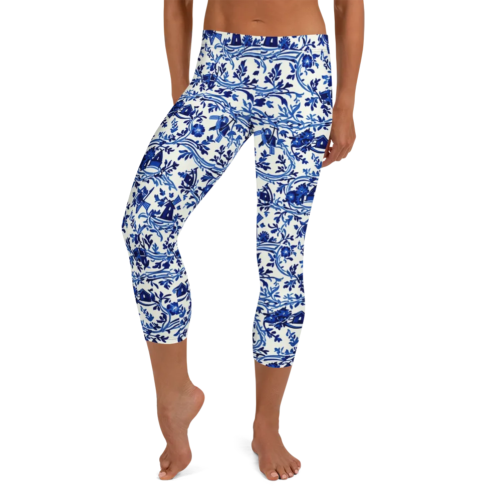 Blue Delft Meadow on Capri Leggings — Front