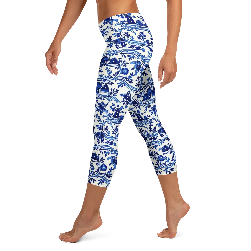 Blue Delft Meadow on Capri Leggings — Left