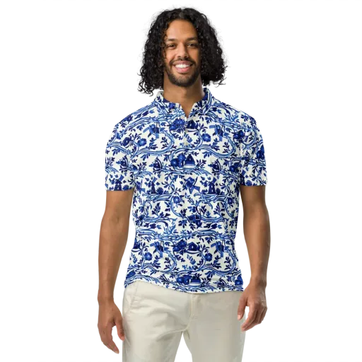 Blue Delft Meadow on a Men's Slim Fit Polo Shirt