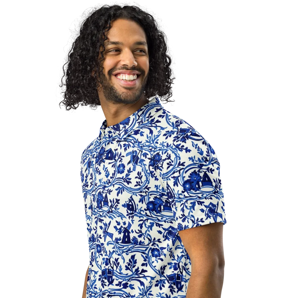 Blue Delft Meadow on Men's Slim Fit Polo Shirt — Left Front