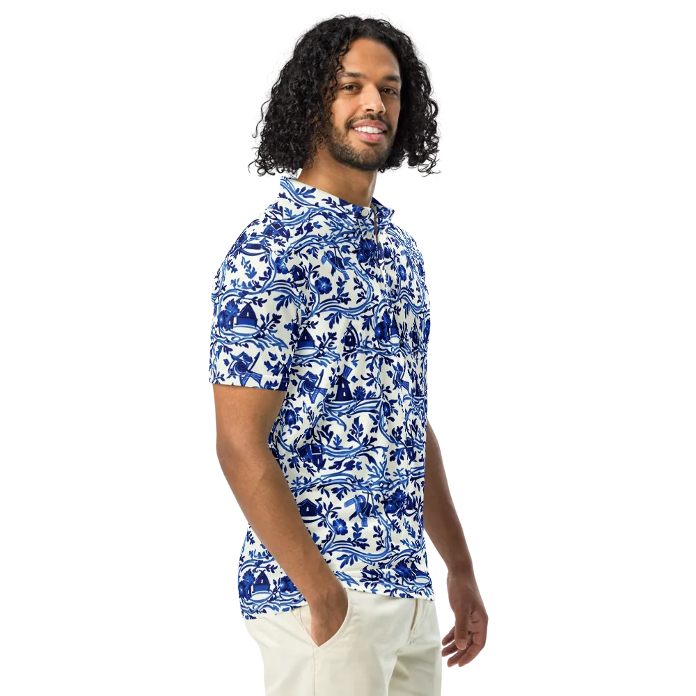 Blue Delft Meadow on Men's Slim Fit Polo Shirt — Right Front