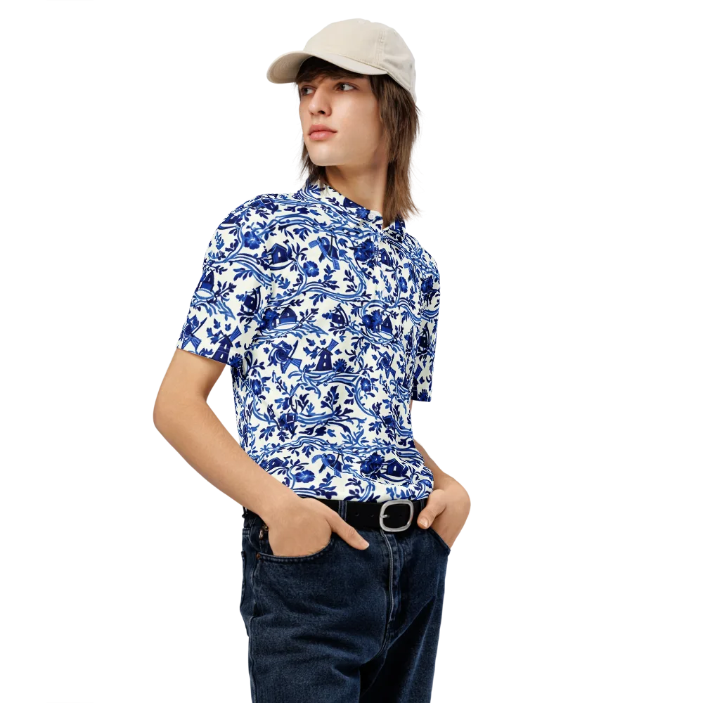 Blue Delft Meadow on Men's Slim Fit Polo Shirt — Right Front