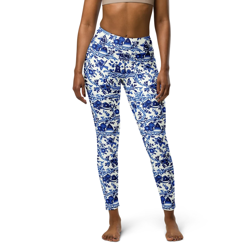 Blue Delft Meadow on Yoga Leggings — Front