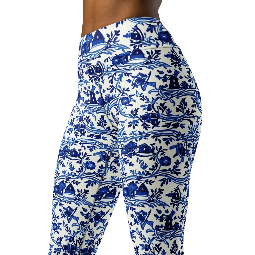 Blue Delft Meadow on Yoga Leggings — Left Front
