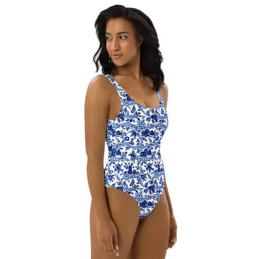 Blue Delft Meadow on a One-Piece Swimsuit