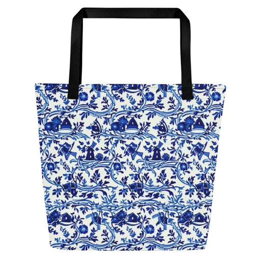 Blue Delft Meadow on a Large Tote Bag W/ Pocket