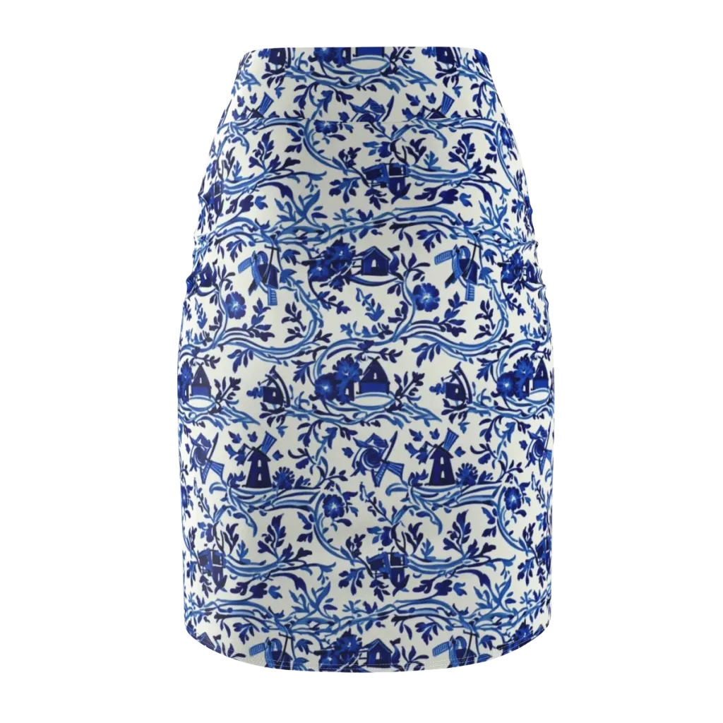 Blue Delft Meadow on Pencil Skirt — Back