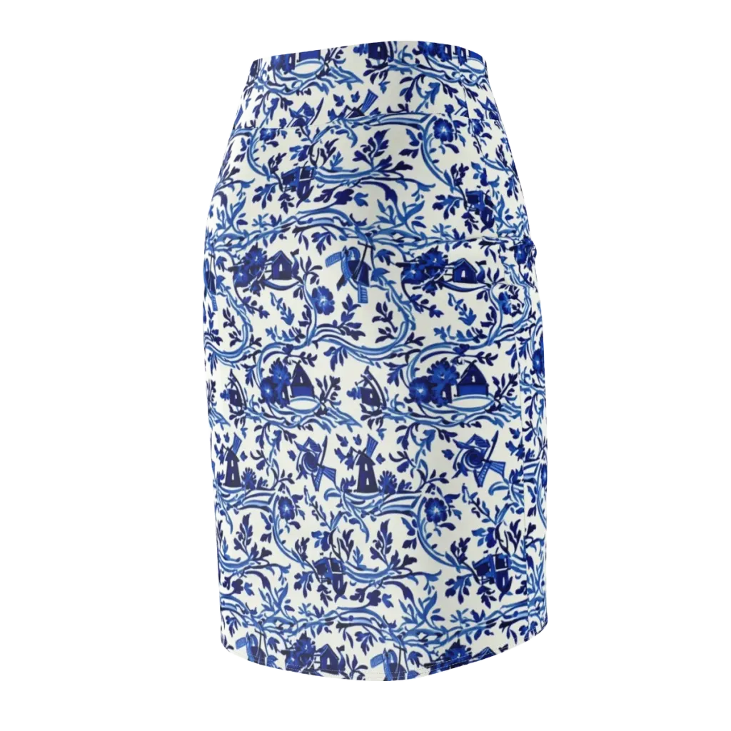 Blue Delft Meadow on Pencil Skirt — Back Side