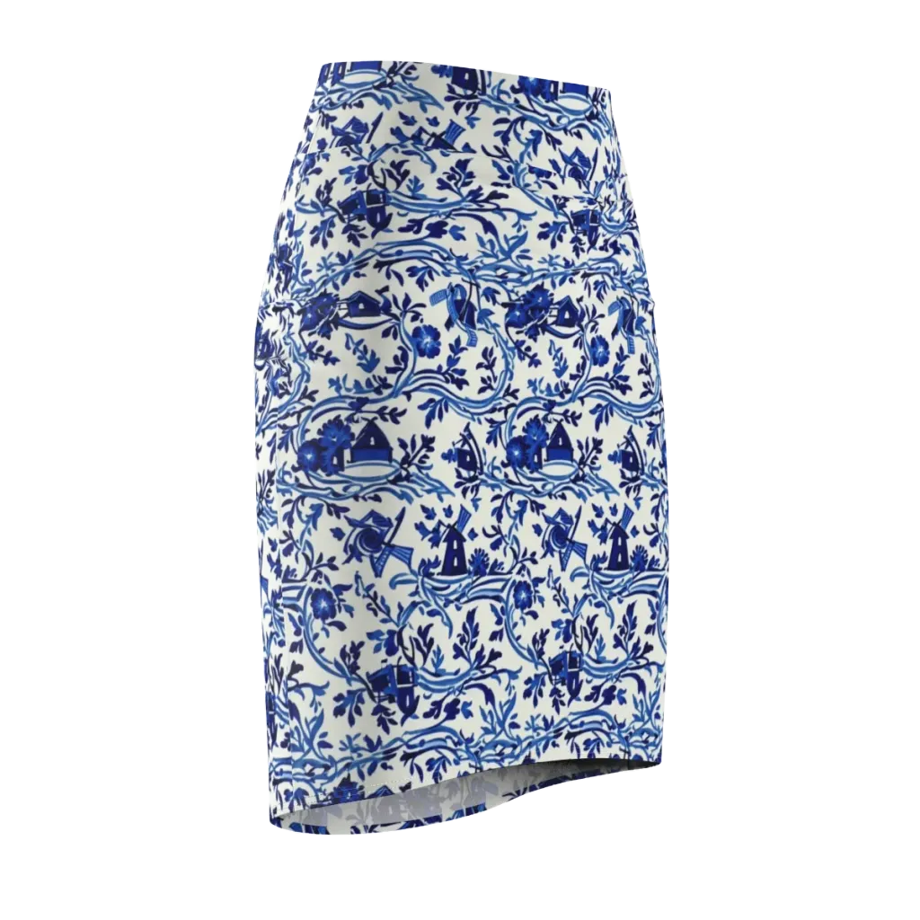 Blue Delft Meadow on Pencil Skirt — Front Side