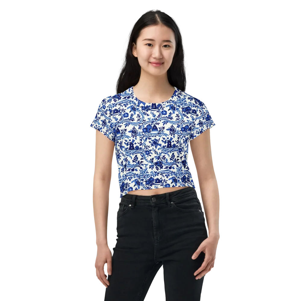 Blue Delft Meadow on Crop Tee — Front