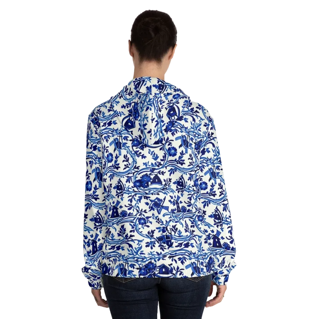 Blue Delft Meadow on Women's Full-Zip Hoodie — Back On Person