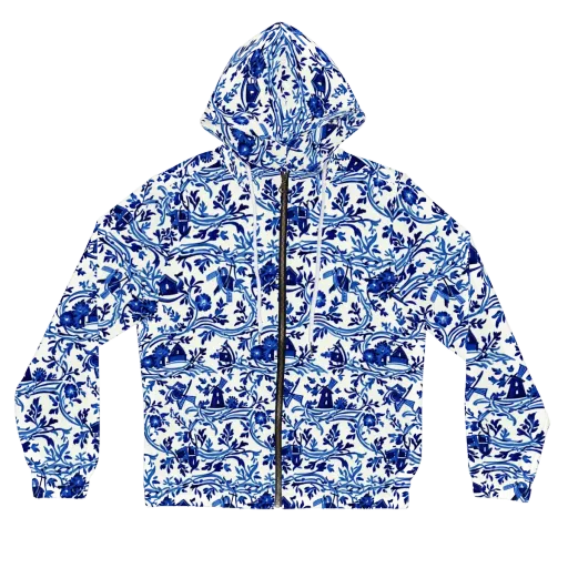 Blue Delft Meadow on a Women's Full-Zip Hoodie