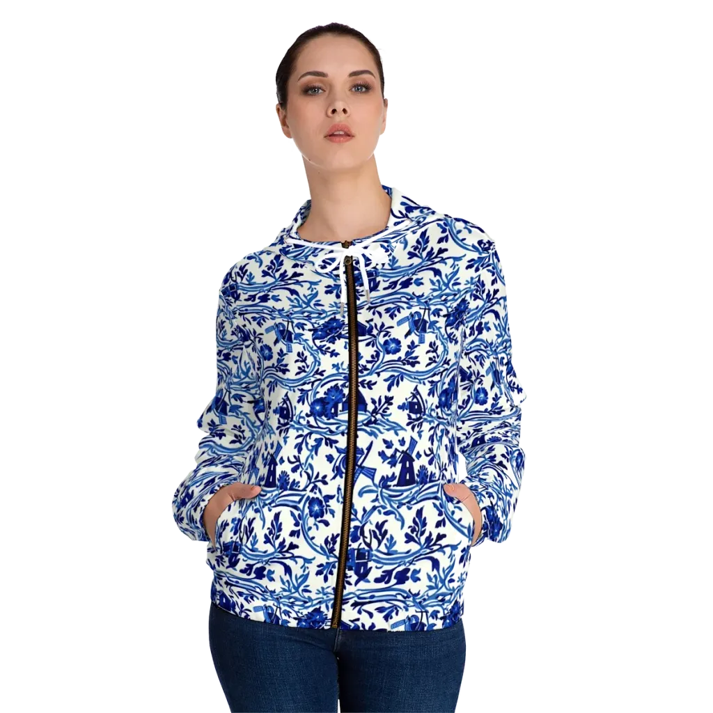 Blue Delft Meadow on Women's Full-Zip Hoodie — Front On Person