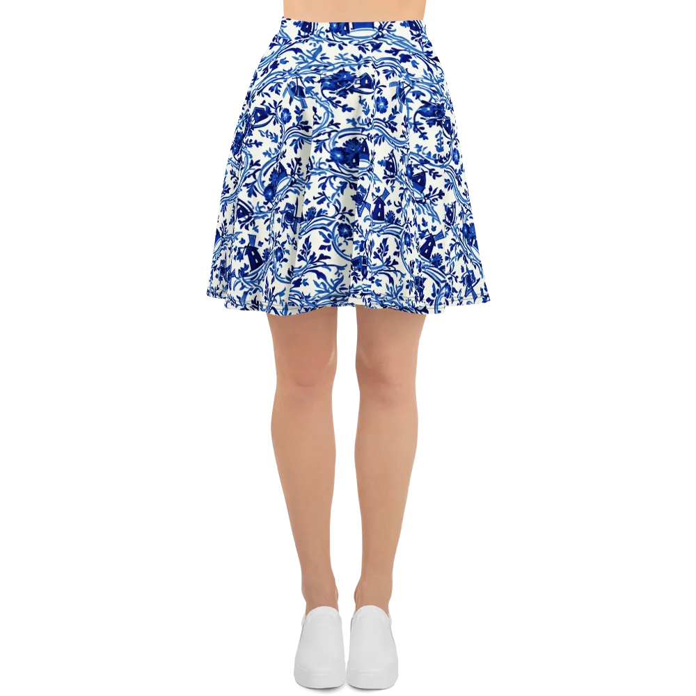 Blue Delft Meadow on Skater Skirt — Front