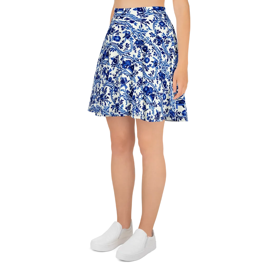 Blue Delft Meadow on Skater Skirt — Left