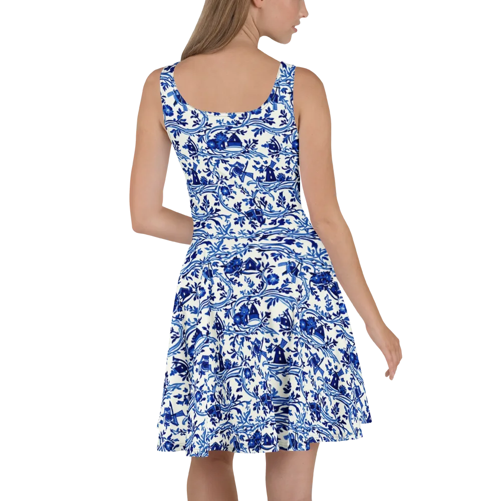 Blue Delft Meadow on Skater Dress — Back