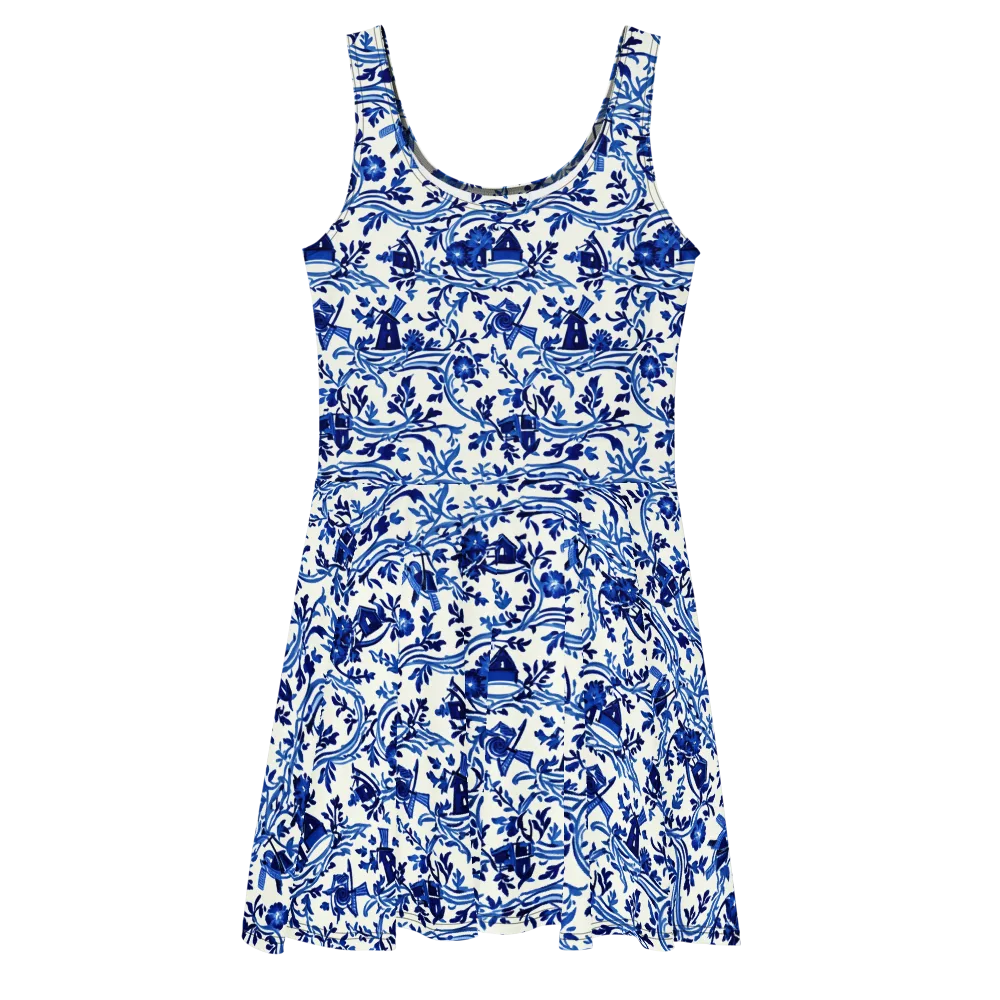 Blue Delft Meadow on Skater Dress — Front