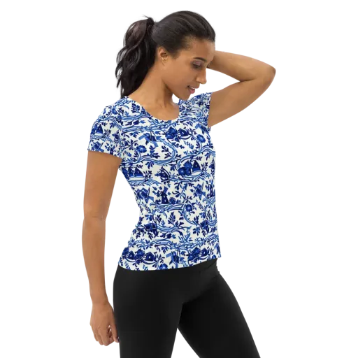 Blue Delft Meadow on a Women's Athletic T-Shirt