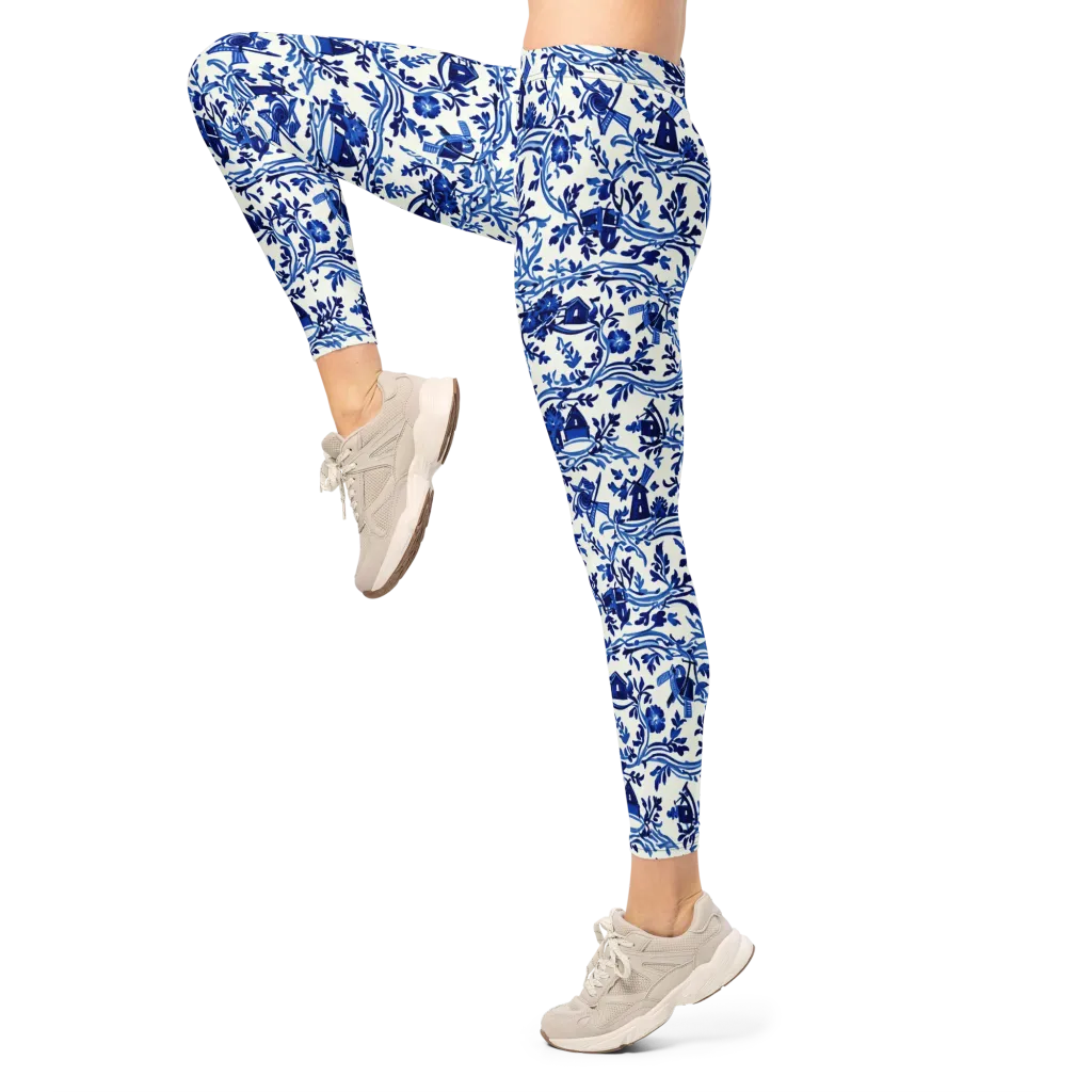 Blue Delft Meadow on Leggings — Left
