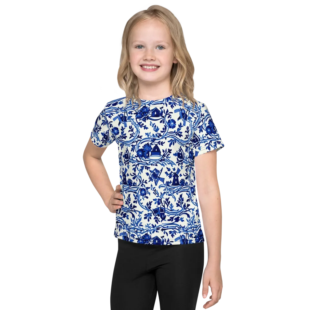 Blue Delft Meadow on Kids Crew Neck T-Shirt — Front