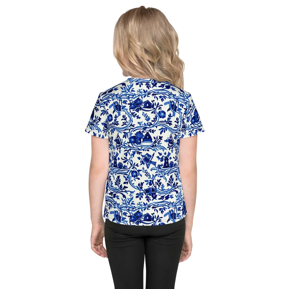 Blue Delft Meadow on Kids Crew Neck T-Shirt — Back
