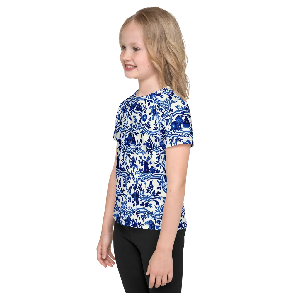 Blue Delft Meadow on Kids Crew Neck T-Shirt — Left