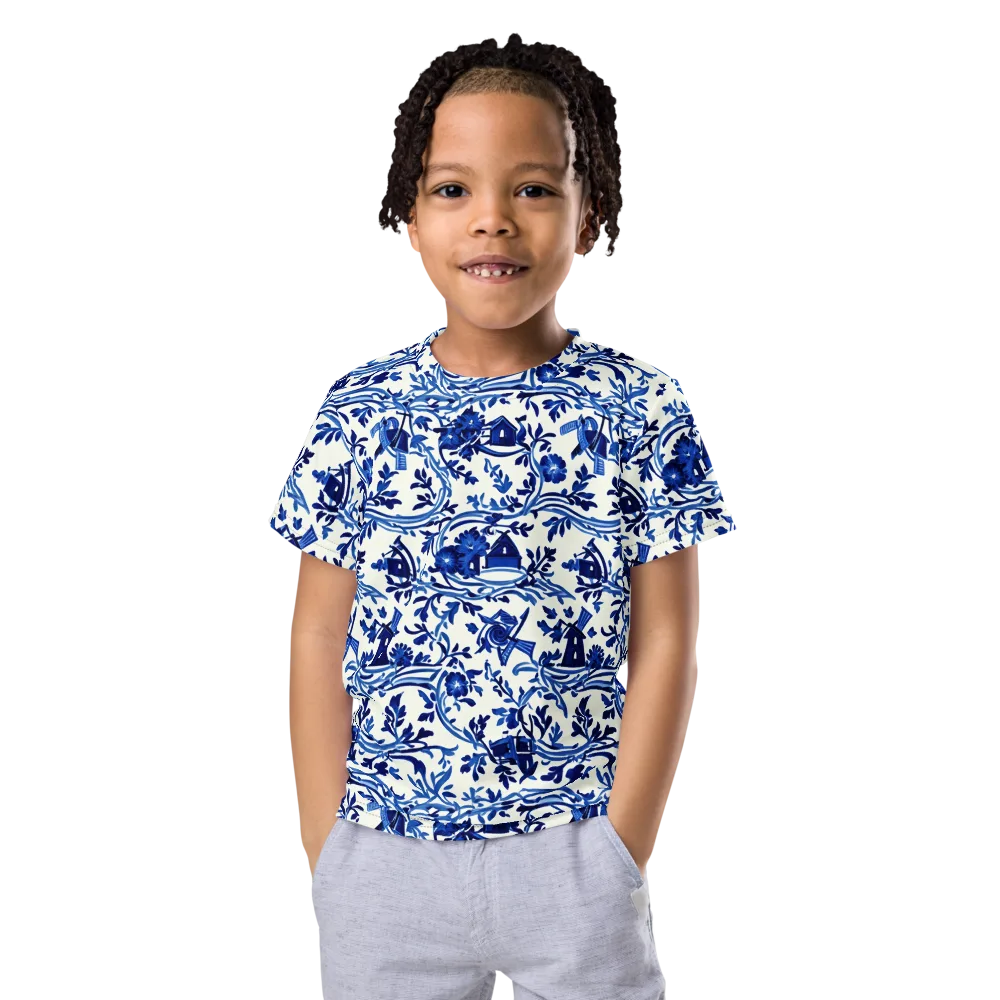 Blue Delft Meadow on Kids Crew Neck T-Shirt — Front