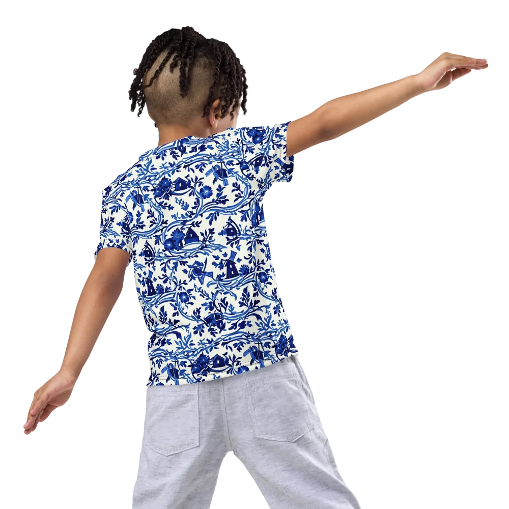 Blue Delft Meadow on Kids Crew Neck T-Shirt — Back
