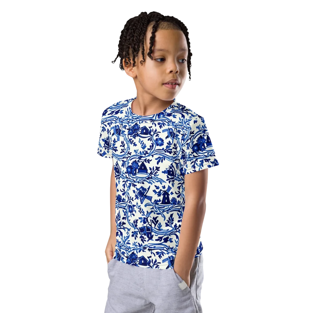 Blue Delft Meadow on Kids Crew Neck T-Shirt — Left Front