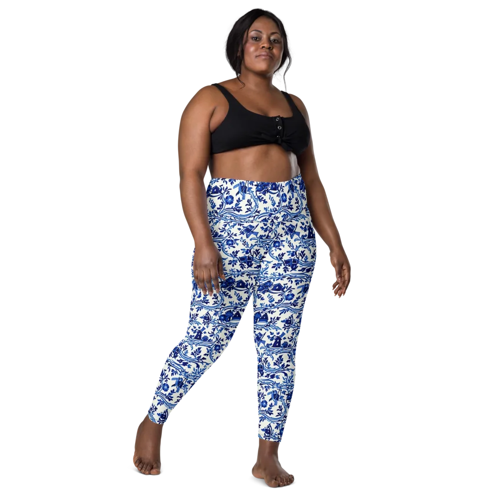 Blue Delft Meadow on Leggings with Pockets — Front